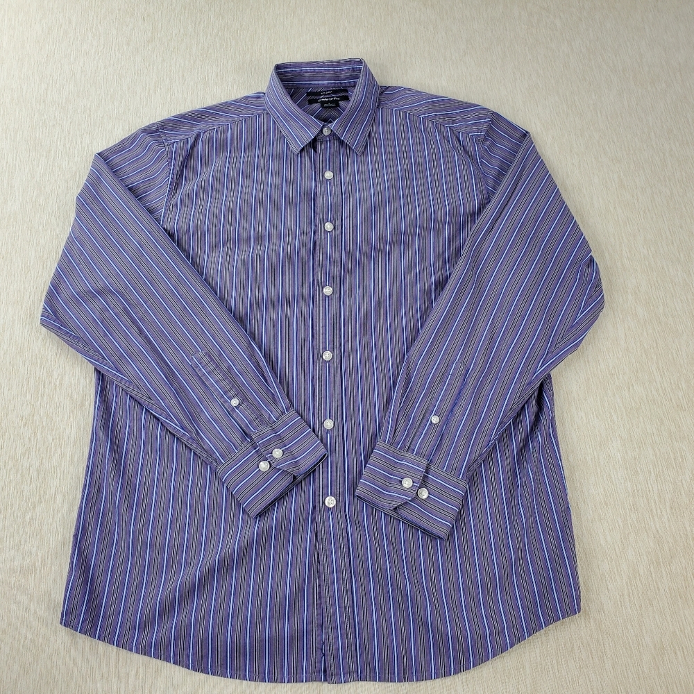 Claiborne Mens Long Sleeve 80s 2-Ply Dress Shirt L Blue/Blck/White/Purple Stripe
